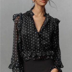 Anthropologie Black and White Polka Dot Ruffle Blouse